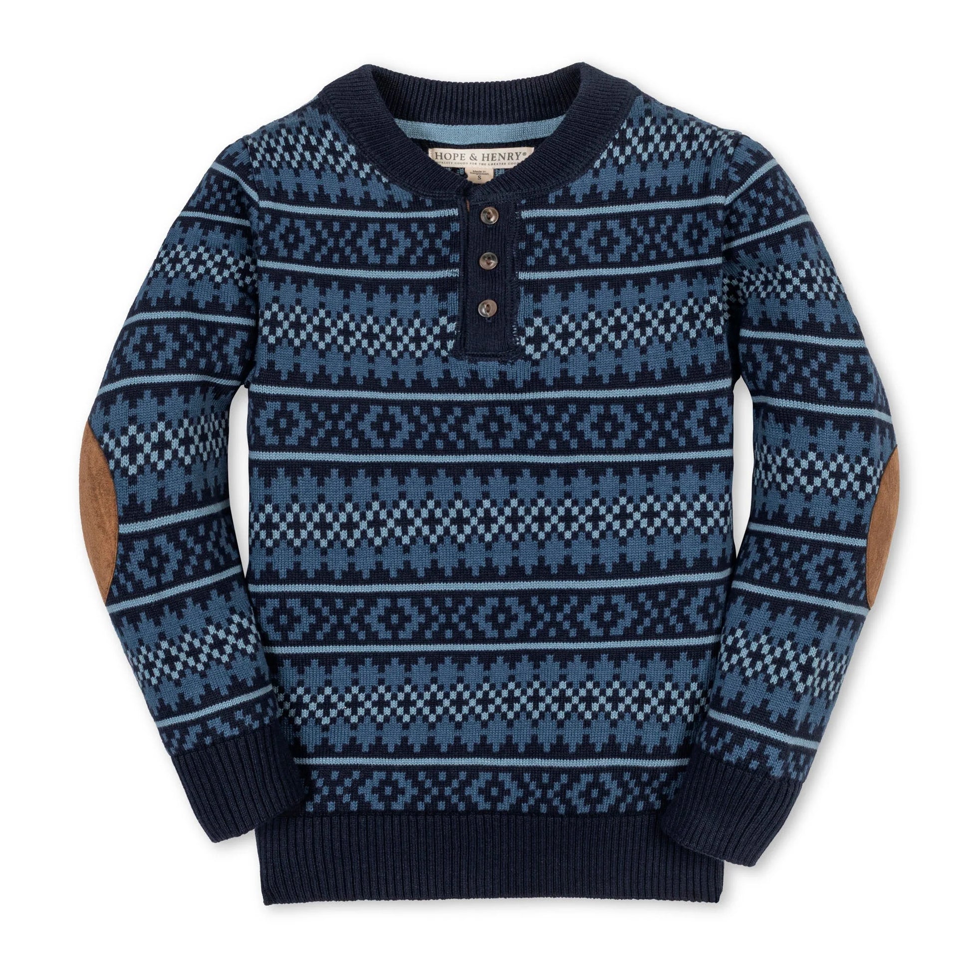 Blue patterned sweater with brown elbow patches on a white background henley collar shades of navy blue and light blue
