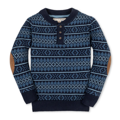Blue patterned sweater with brown elbow patches on a white background henley collar shades of navy blue and light blue
