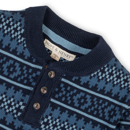 Hope & Henry Organic Sweater Henley w/Elbow Patches - Twilight Fair Isle