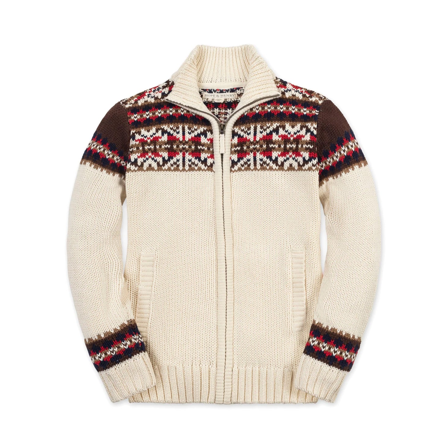 Hope & Henry Organic Full Zip Mock Neck Sweater - Ivory Fireside Geo