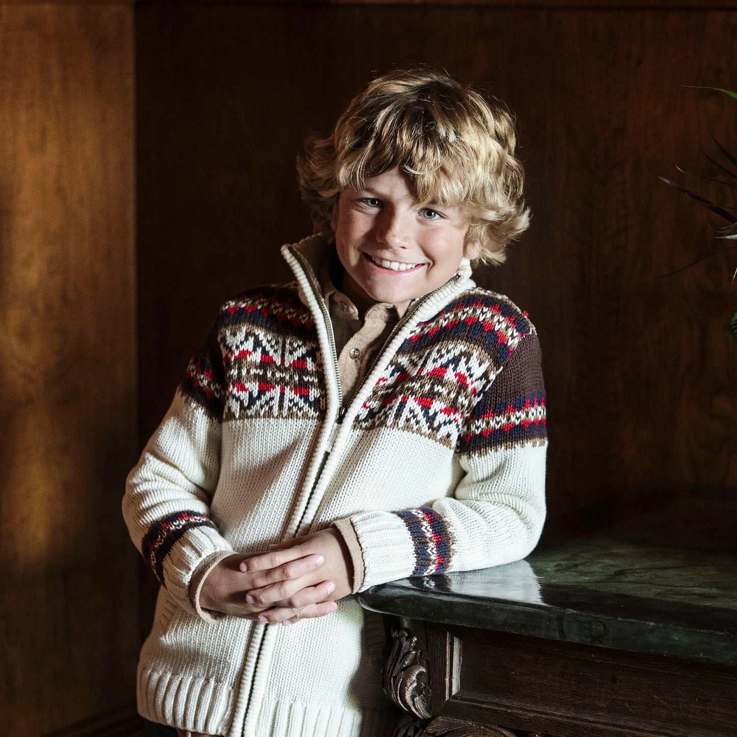 Hope & Henry Organic Full Zip Mock Neck Sweater - Ivory Fireside Geo