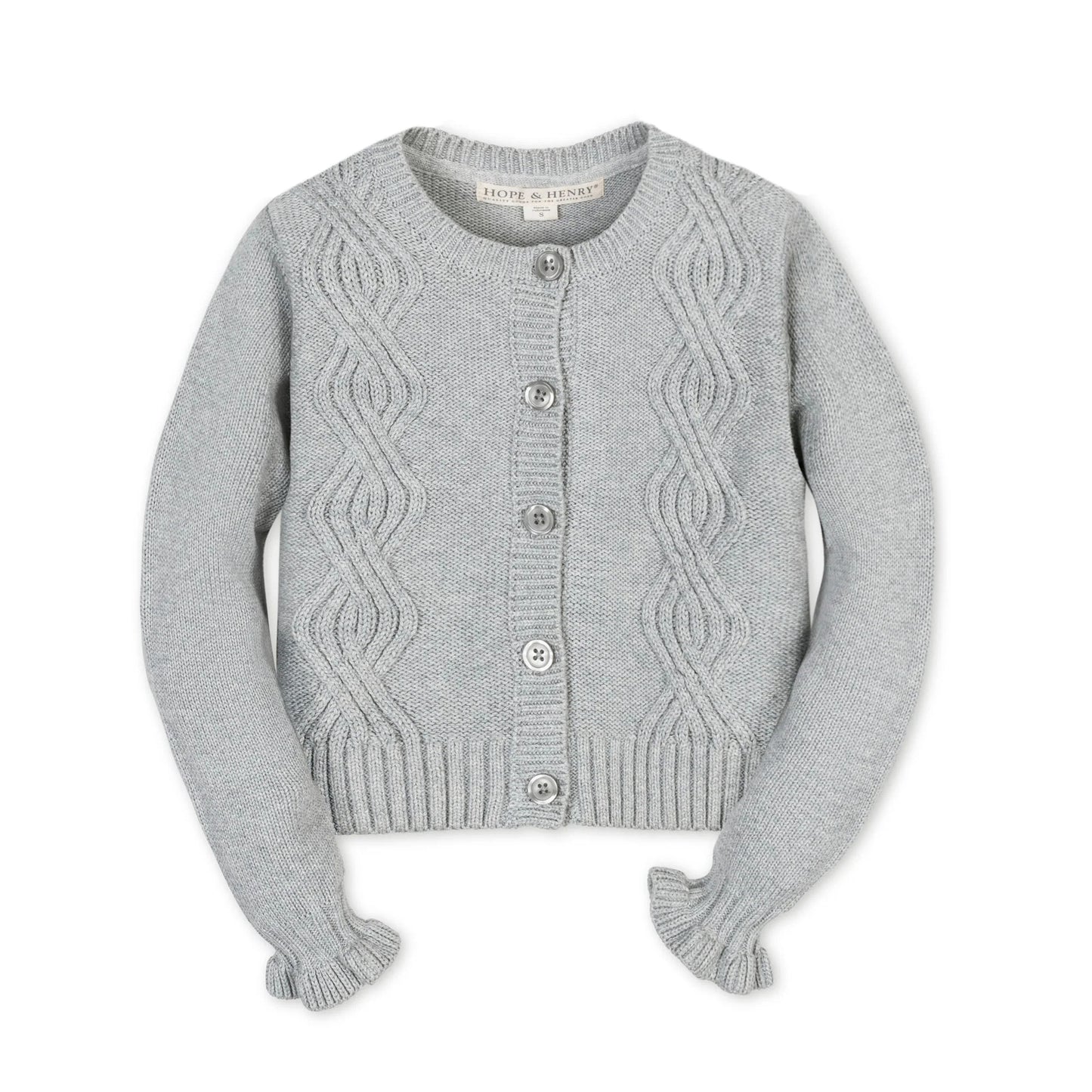 Gray cardigan with cable knit pattern on a white background ruffled wrist button up
