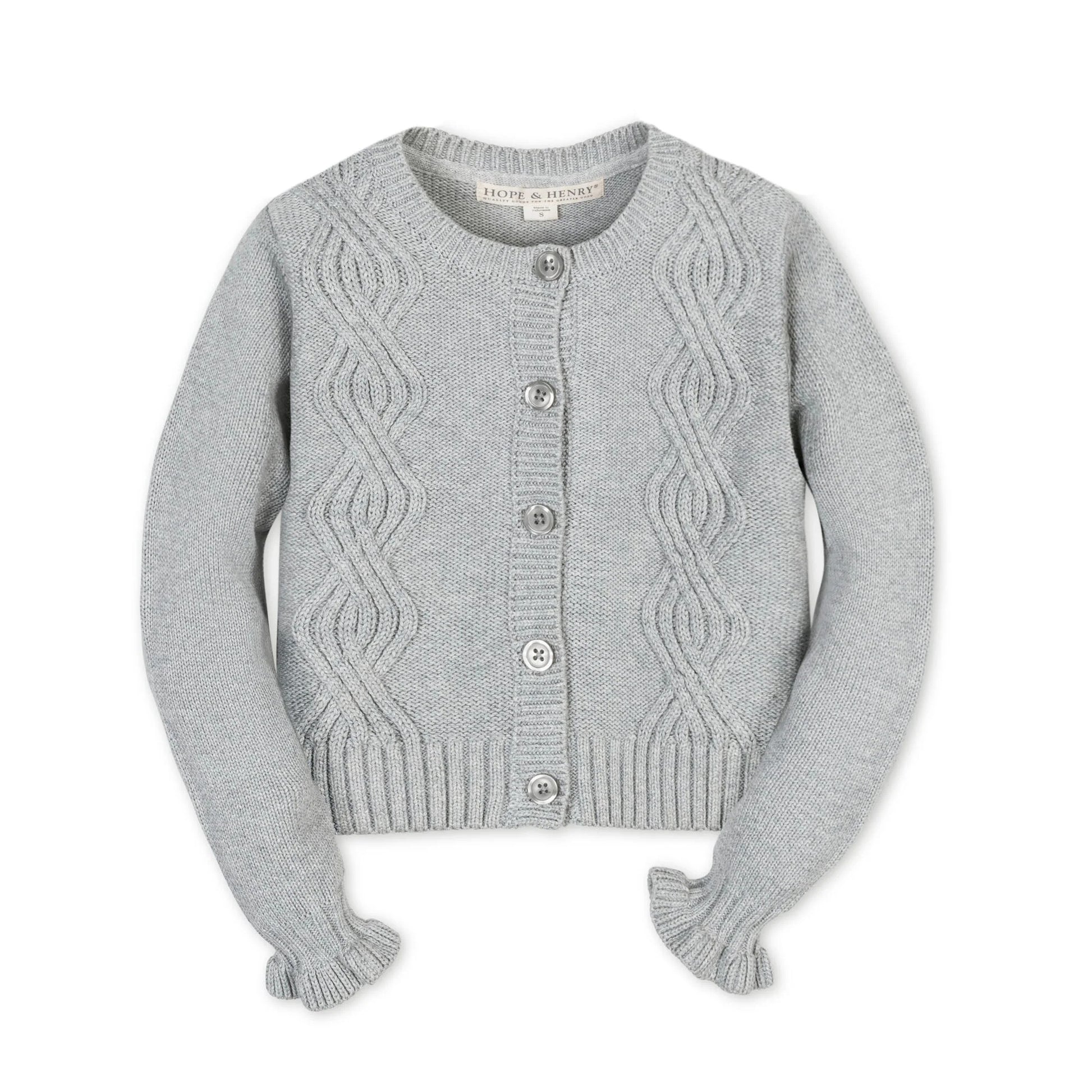 Gray cardigan with cable knit pattern on a white background ruffled wrist button up
