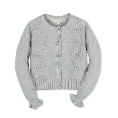 Gray cardigan with cable knit pattern on a white background ruffled wrist button up
