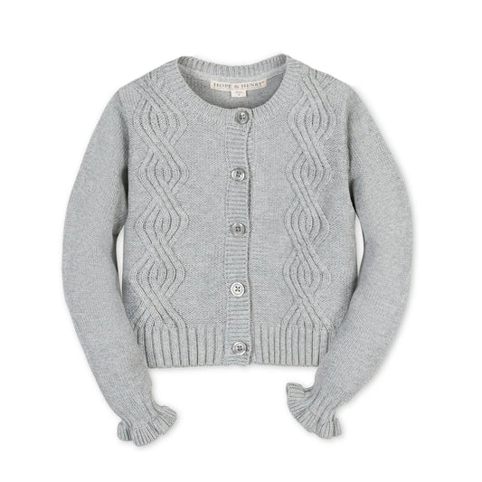 Gray cardigan with cable knit pattern on a white background ruffled wrist button up
