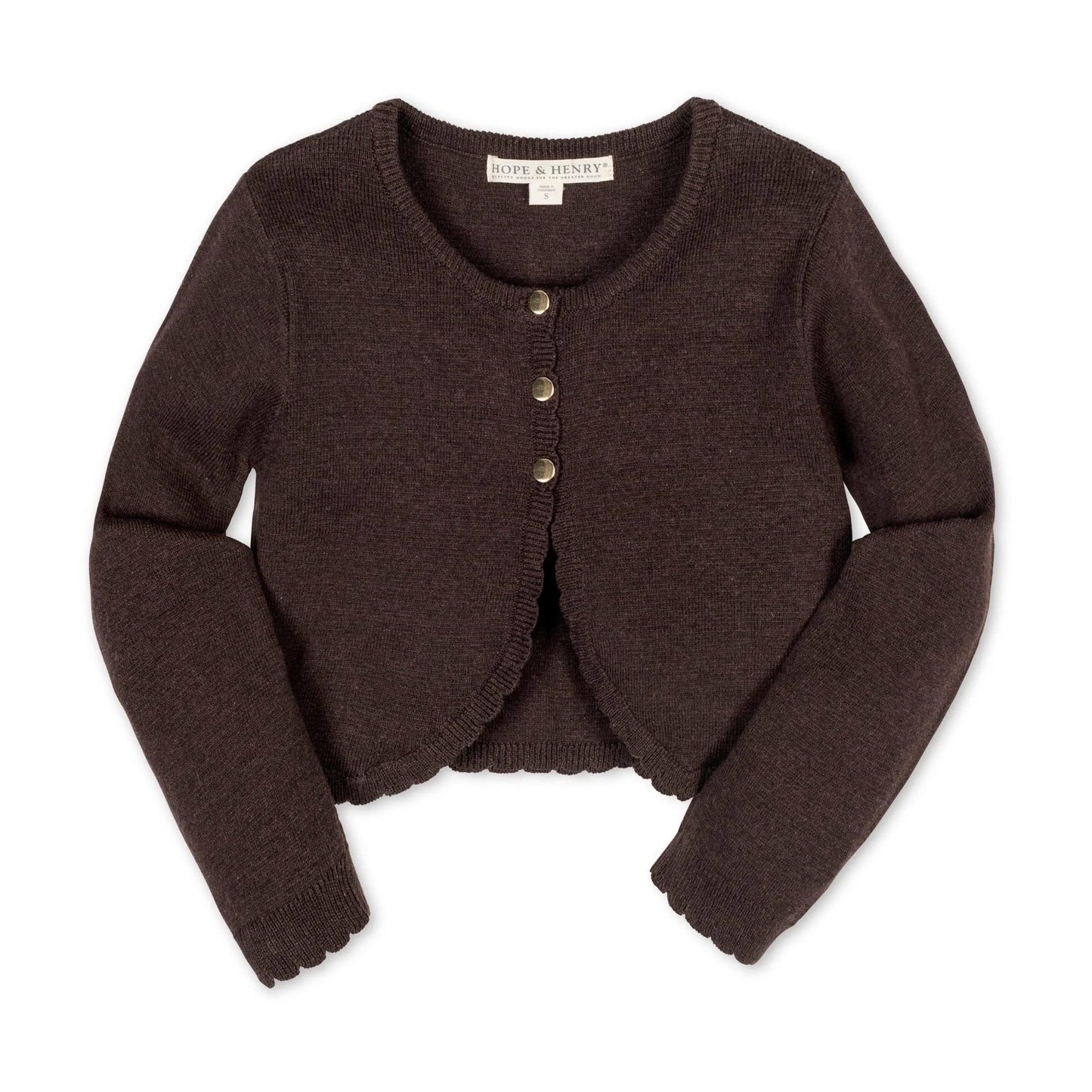 Hope & Henry Organic Cropped Scallop Cardigan – Chocolate Heather | Girls’ Organic Sweater