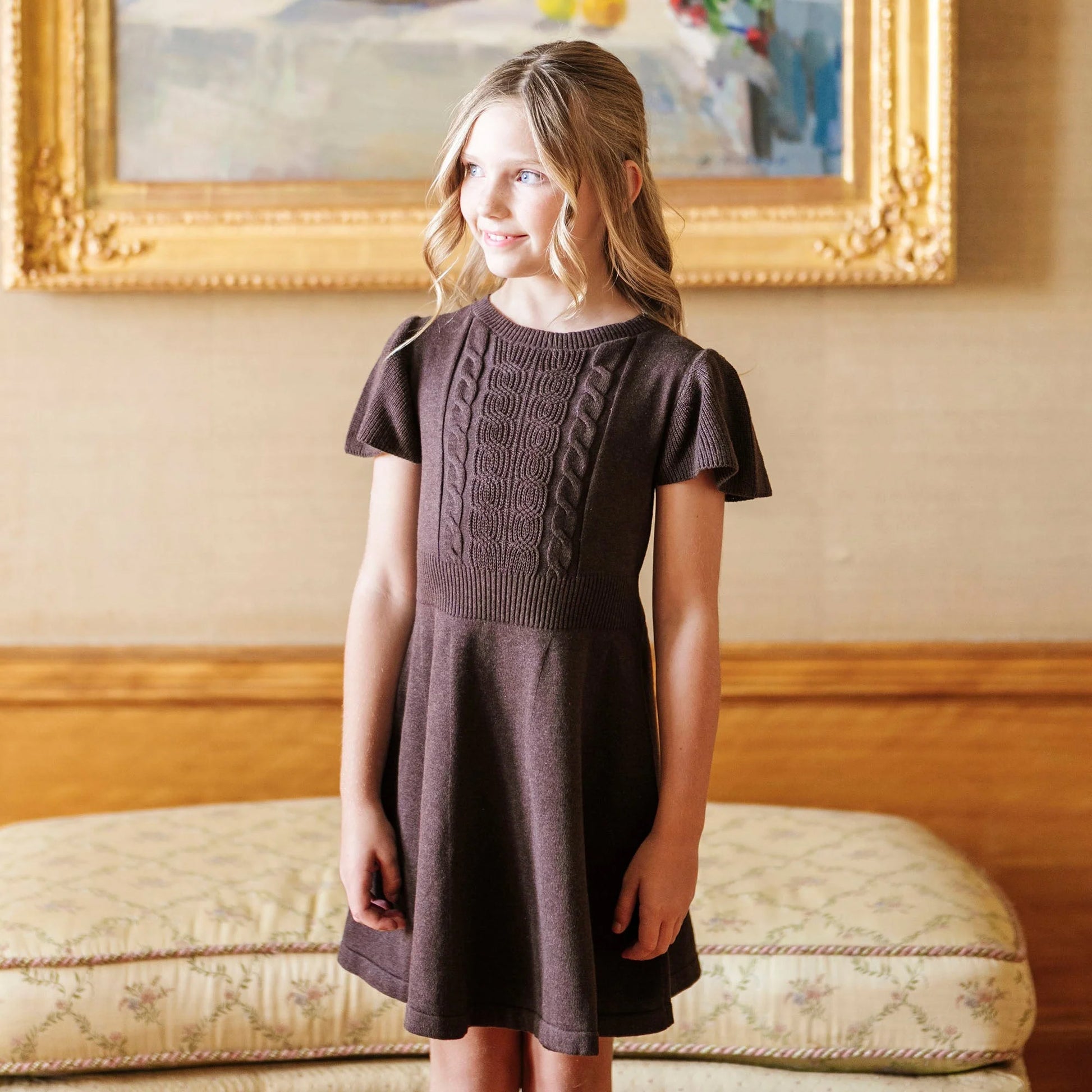 Hope & Henry Girls' Organic Flutter Sleeve Cable Sweater Dress, Chocolate Heather, 5 Hope & Henry Girls' Organic Flutter Sleeve Cable Sweater Dress, Chocolate Heather, 5