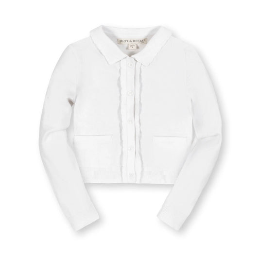 White button up cardigan with a collar on a white background