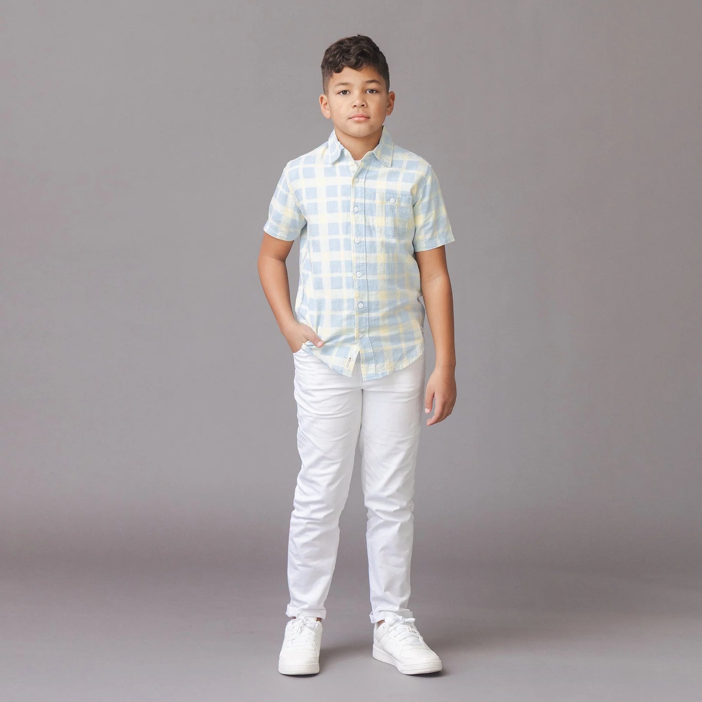 Hope & Henry Linen Short Sleeve Shirt - Blue Plaid