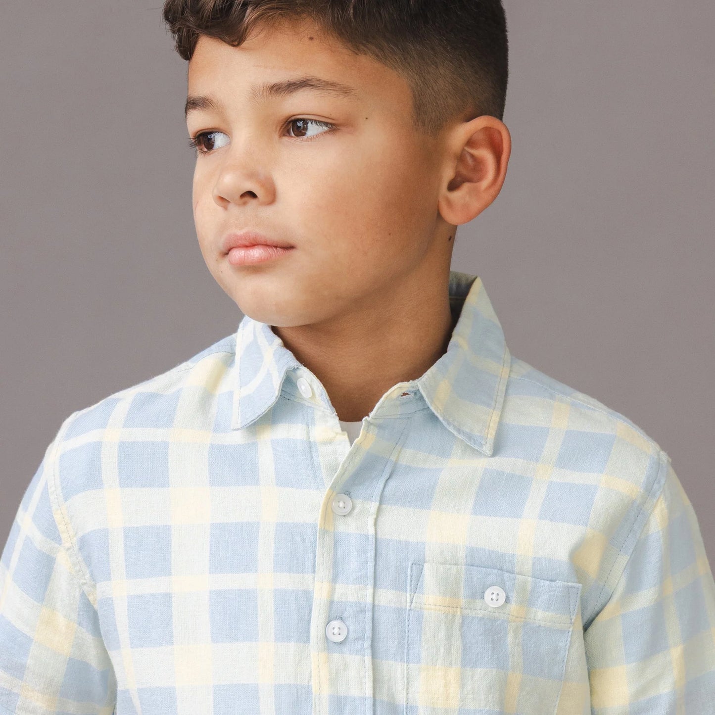 Hope & Henry Linen Short Sleeve Shirt - Blue Plaid