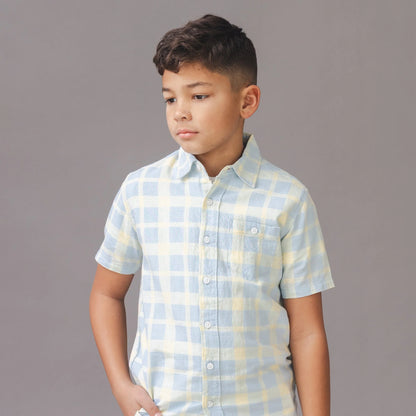 Hope & Henry Linen Short Sleeve Shirt - Blue Plaid