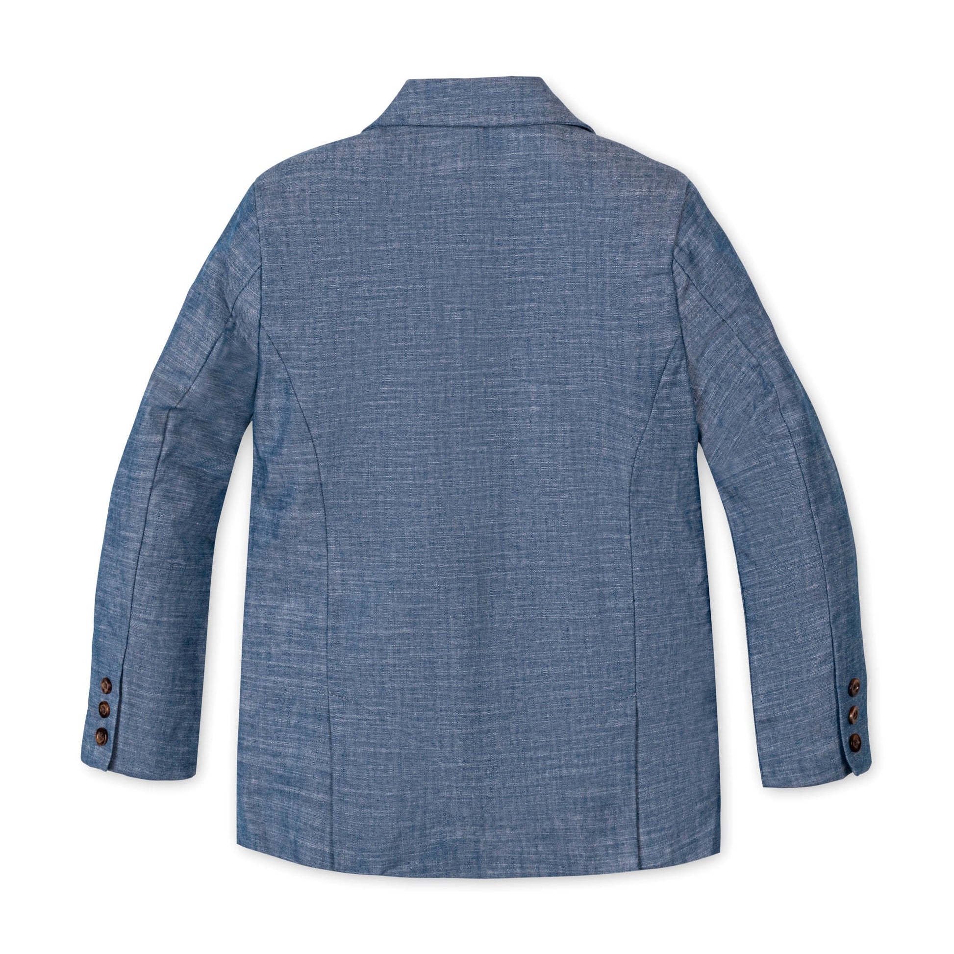 Blue chambray textured blazer on a white background