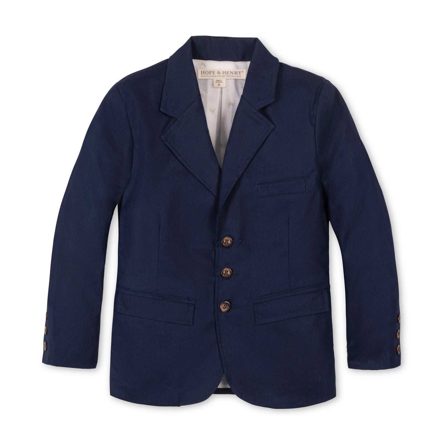 Navy linen blue blazer with brown buttons on a white background