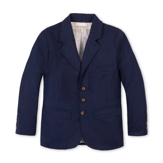 Navy linen blue blazer with brown buttons on a white background