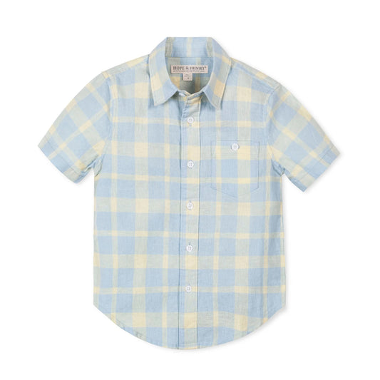 Blue and yellow plaid short sleeve collared shirt on a white background