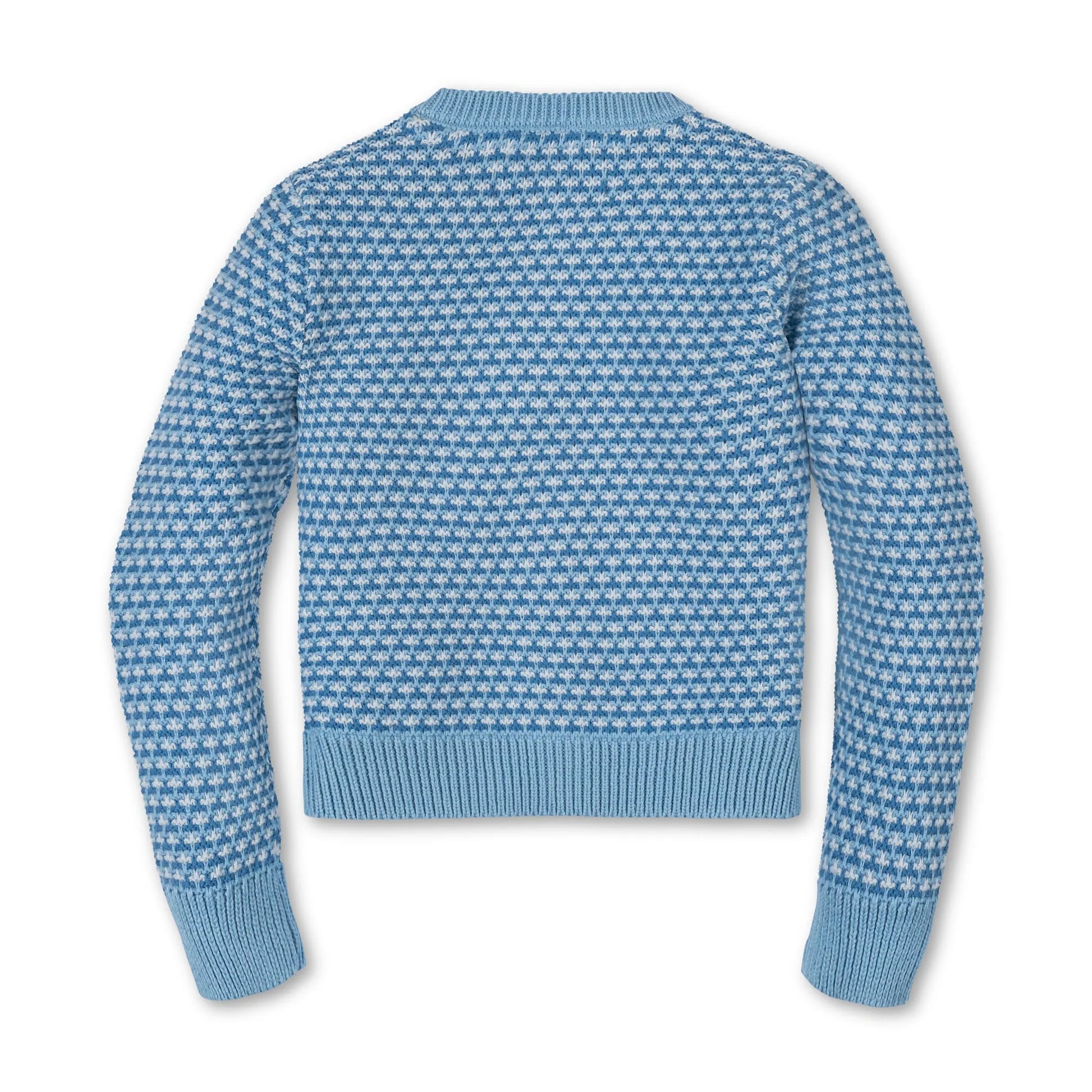 Blue patterned sweater on a white background