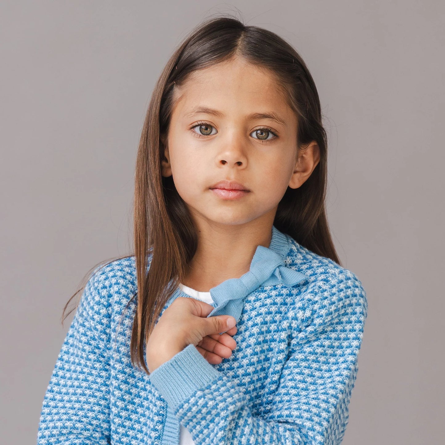 Hope & Henry Organic Tweed Stitch Bow Cardigan - Bluebell Tweed