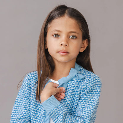 Hope & Henry Organic Tweed Stitch Bow Cardigan - Bluebell Tweed