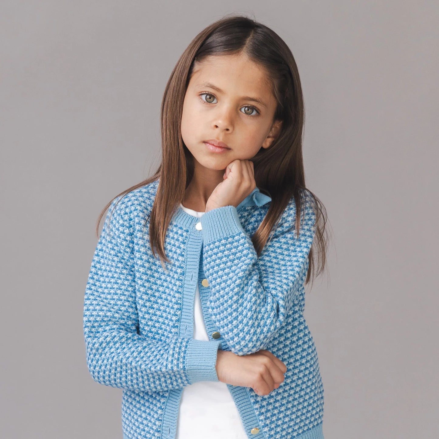 Hope & Henry Organic Tweed Stitch Bow Cardigan - Bluebell Tweed