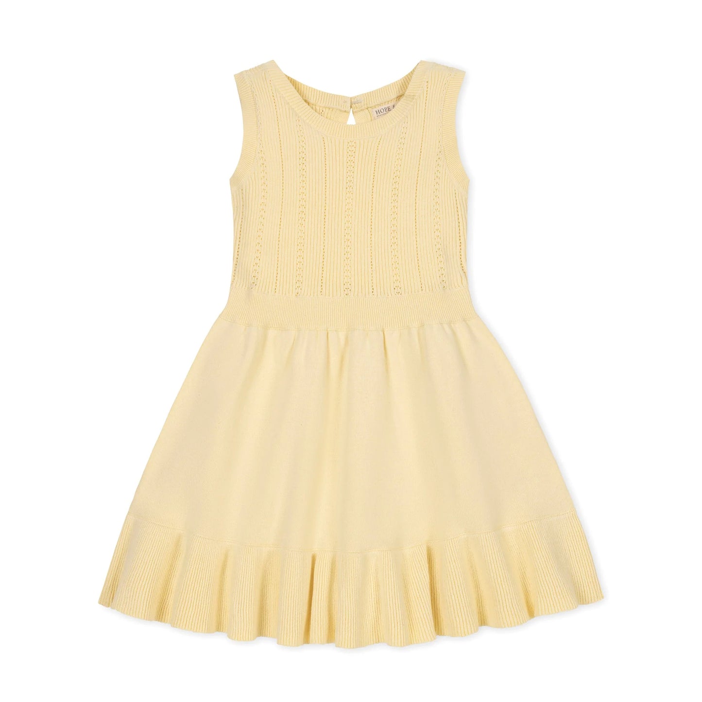 Yellow sleeveless organic cotton knit dress on a white background for easter