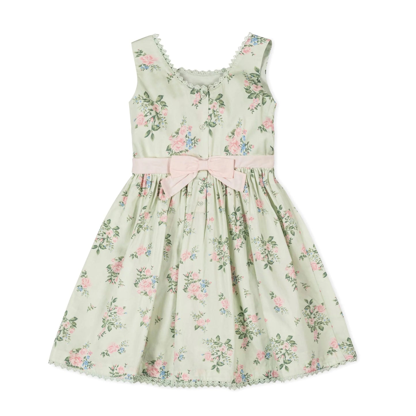 sleeveless sage spring easter dress with pink Floral design on a white background