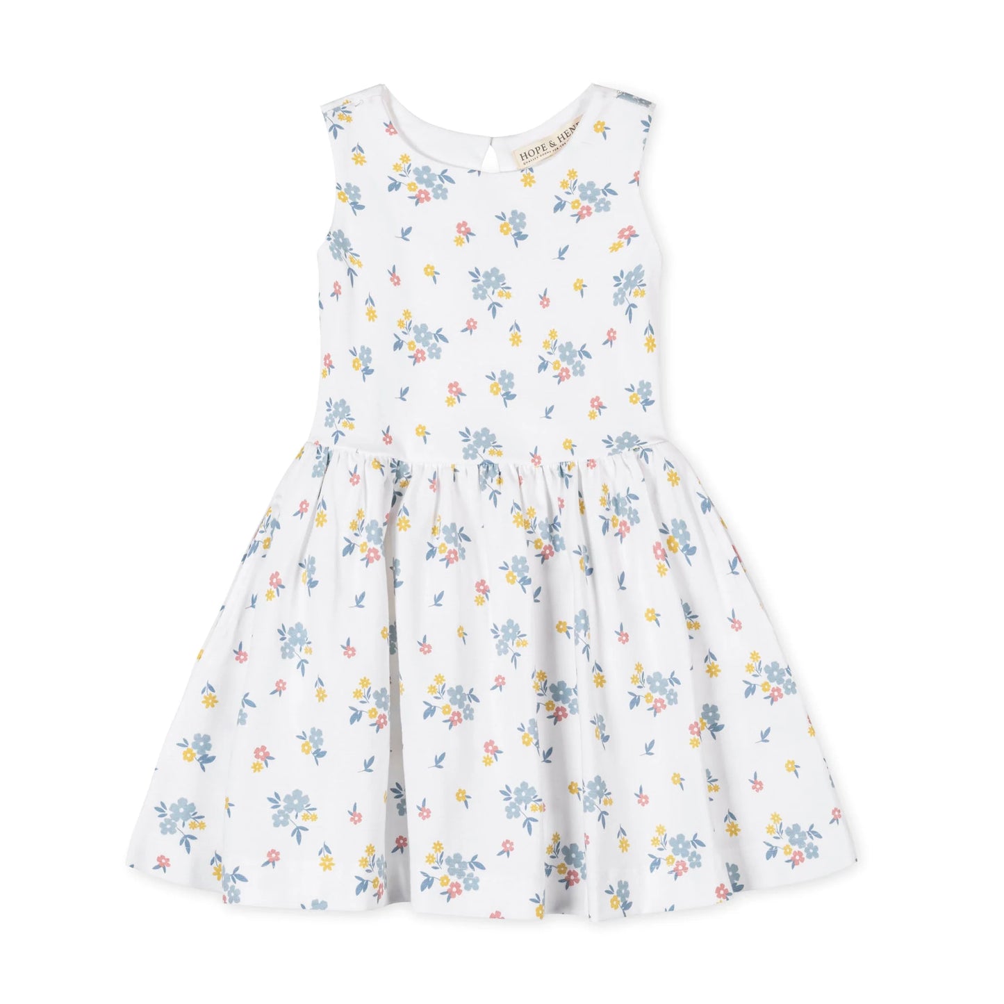 sleeveless White spring easter dress with colorful pink, blue, and yellow floral pattern on a white background
