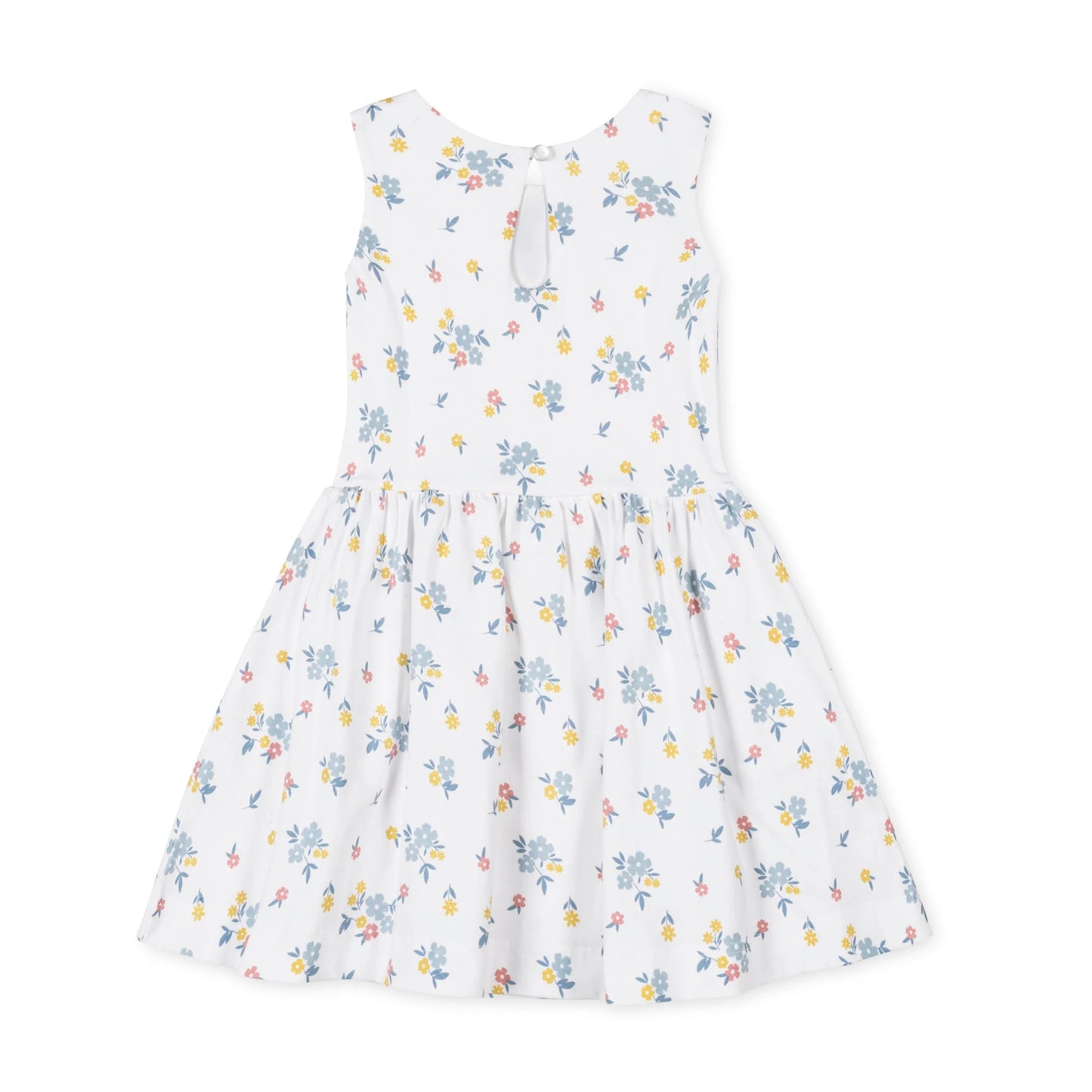 sleeveless White spring easter dress with colorful pink, blue, and yellow floral pattern on a white background