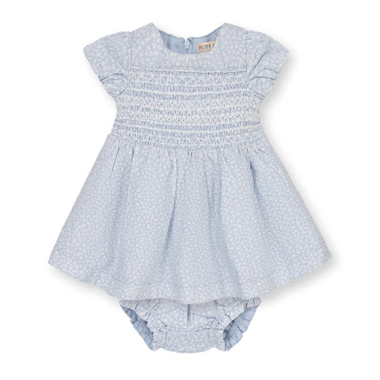 blue floral smocked Baby dress with bloomers on a white background