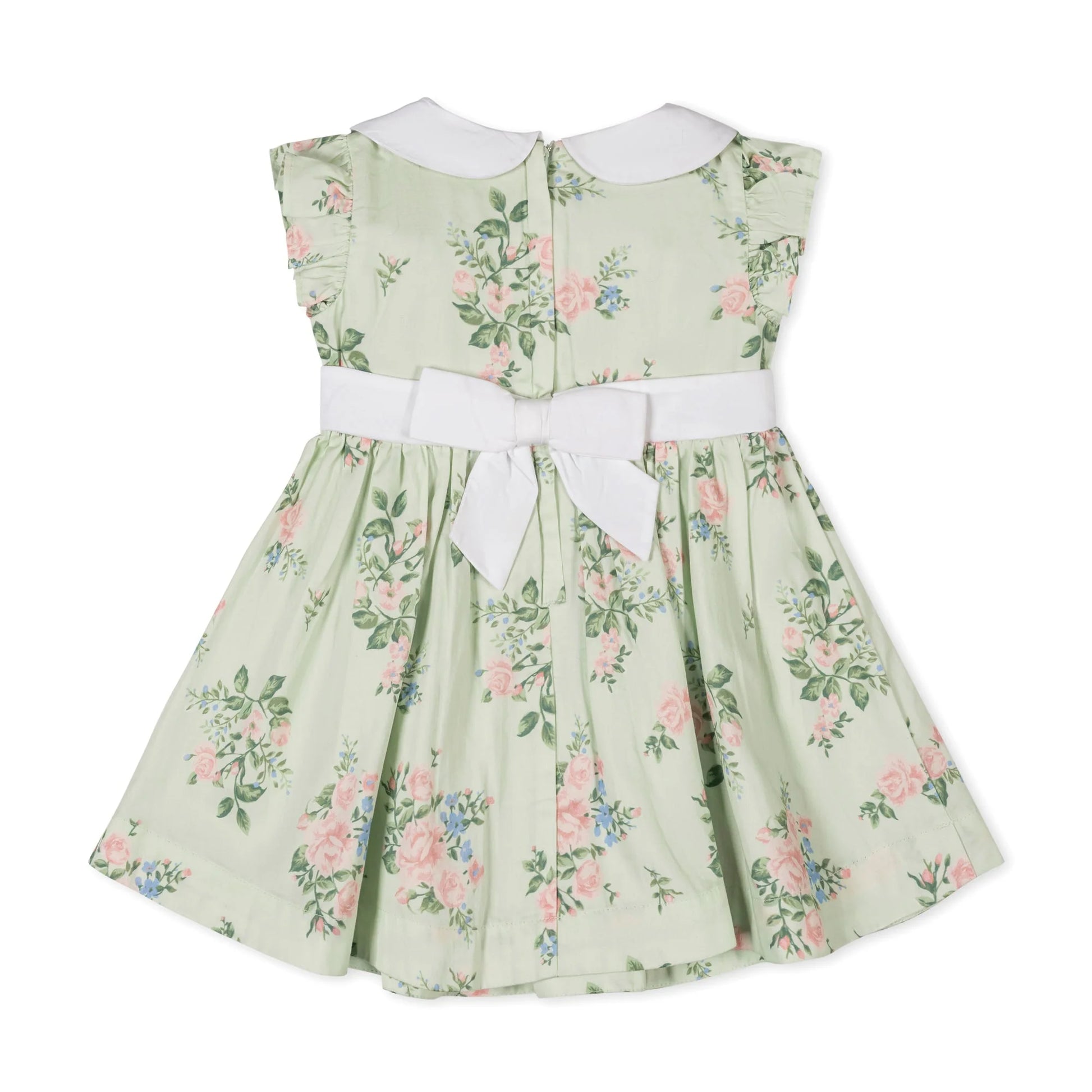 Green floral baby dress with pink and blue floral pattern with white collar on a white background