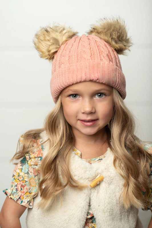 Oopsie Daisy Kid's Pink Cable Knit Fur Double Pom Pom Beanie Winter Hat