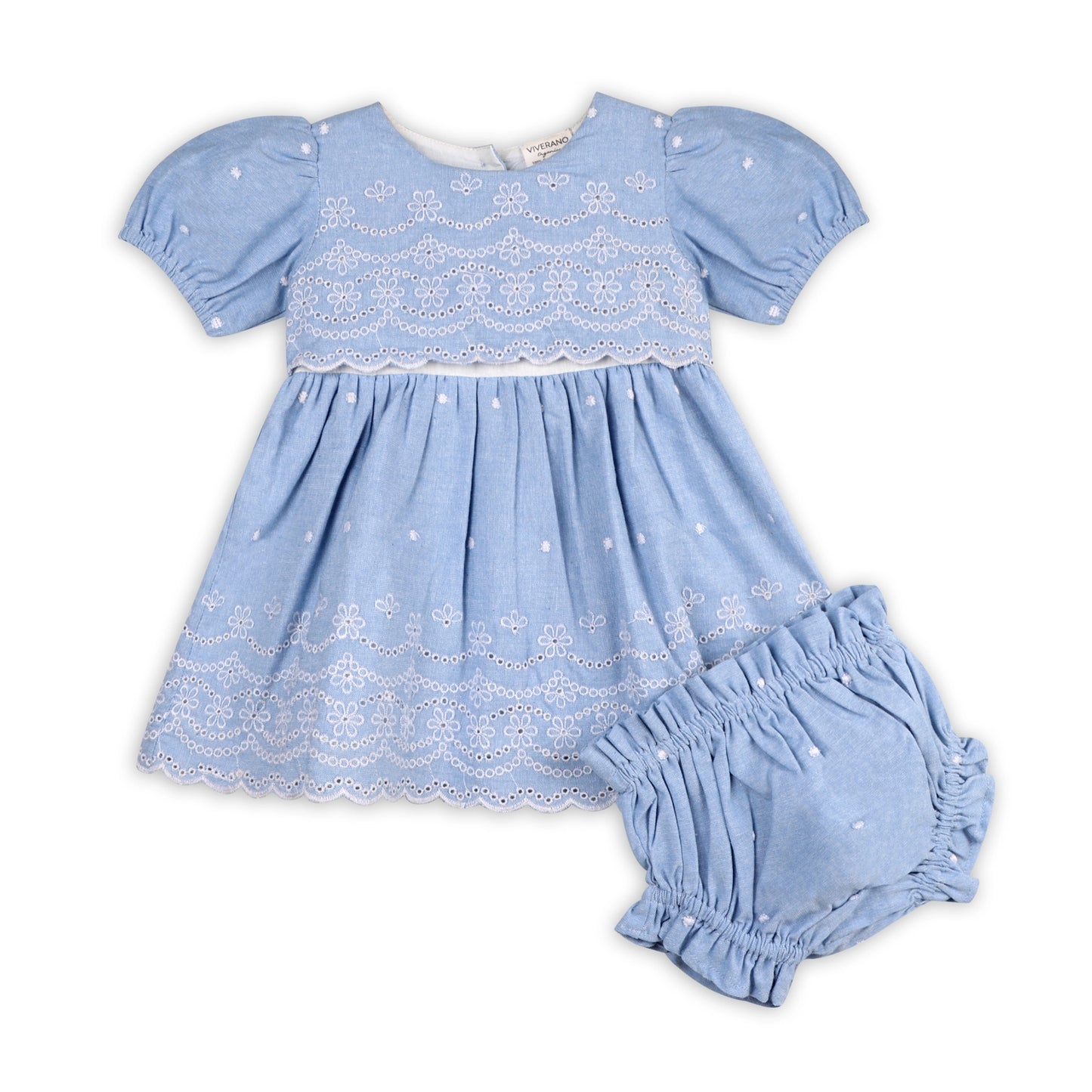 viverano, organic cotton, blue chambray, easter dress, cap sleeves, eyelet