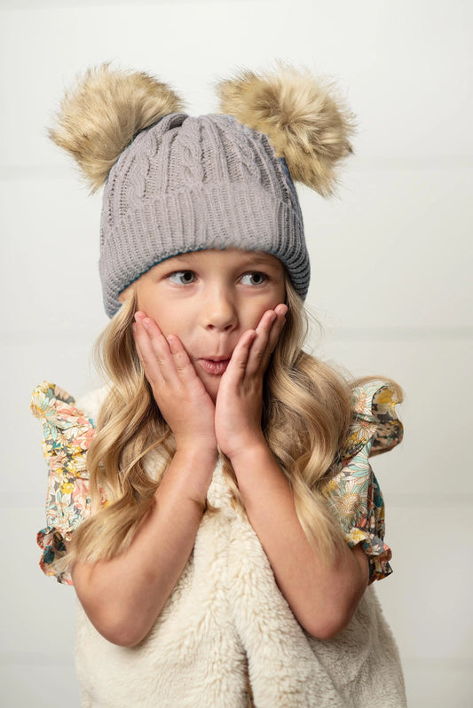 Oopsie Daisy Kid's Gray Cable Knit Fur Double Pom Pom Beanie Winter Hat