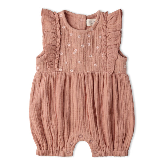 Makemake Organics Organic Embroidered Ruffle Romper - Clay