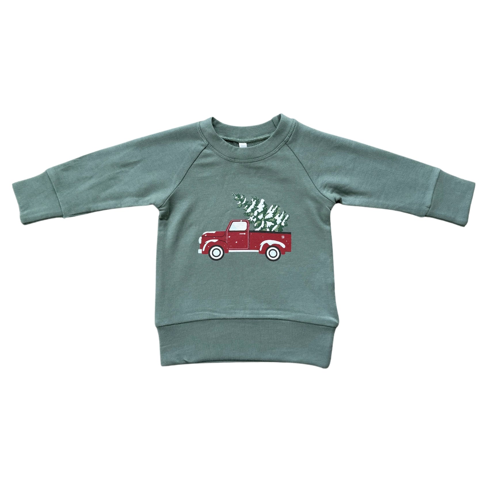 Green sweatshirt with a red truck graphic on a white background