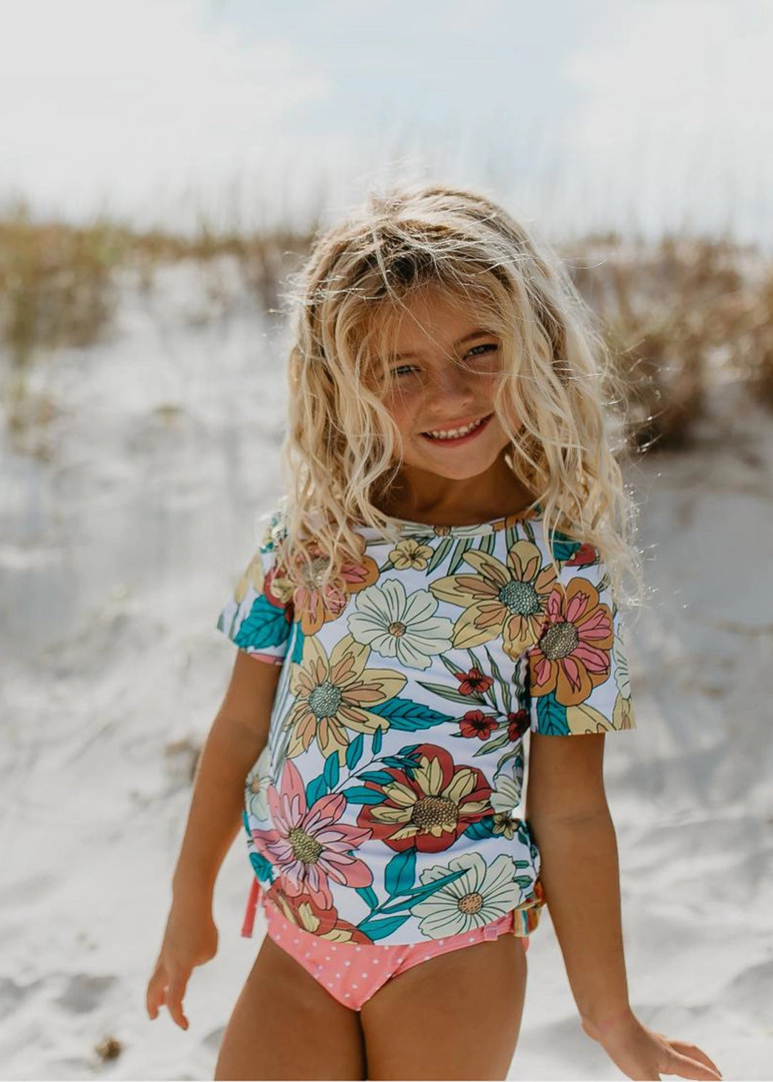 Oopsie Daisy Kid's Pink Tropical Rash Guard Ruffle Swimsuit