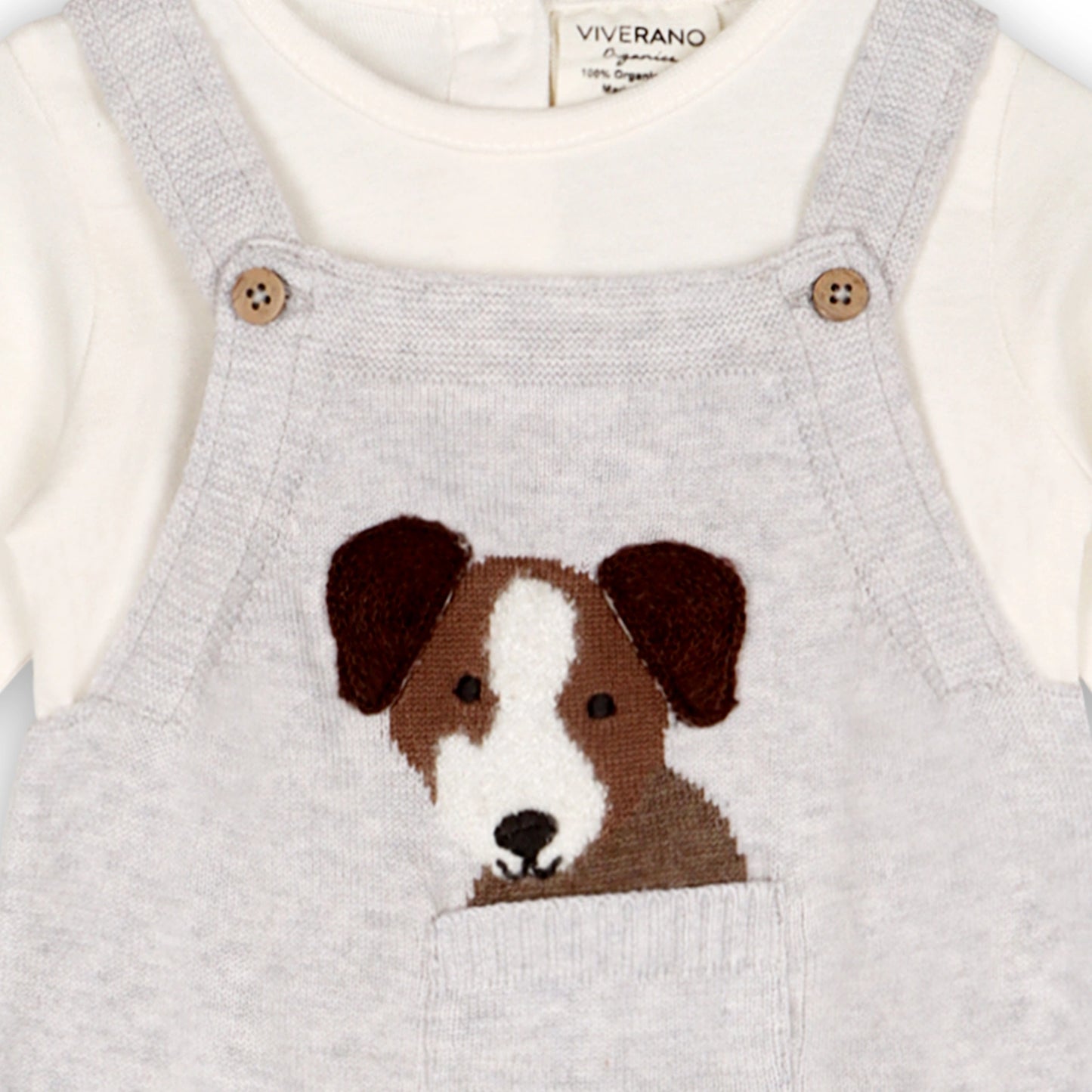 Viverano Organics Puppy Dog 3D Pocket Sweater Knit Baby Overall Set (Organic) – Pearl Grey Heather