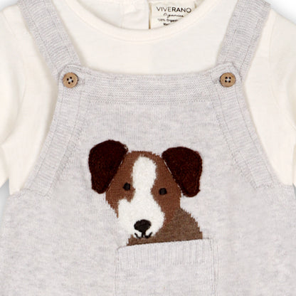 Viverano Organics Puppy Dog 3D Pocket Sweater Knit Baby Overall Set (Organic) – Pearl Grey Heather