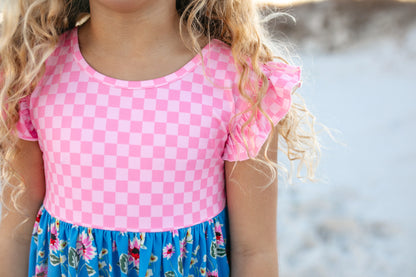 Oopsie Daisy Girl's Pink Check & Blue Floral Pocket Twirl Summer Dress