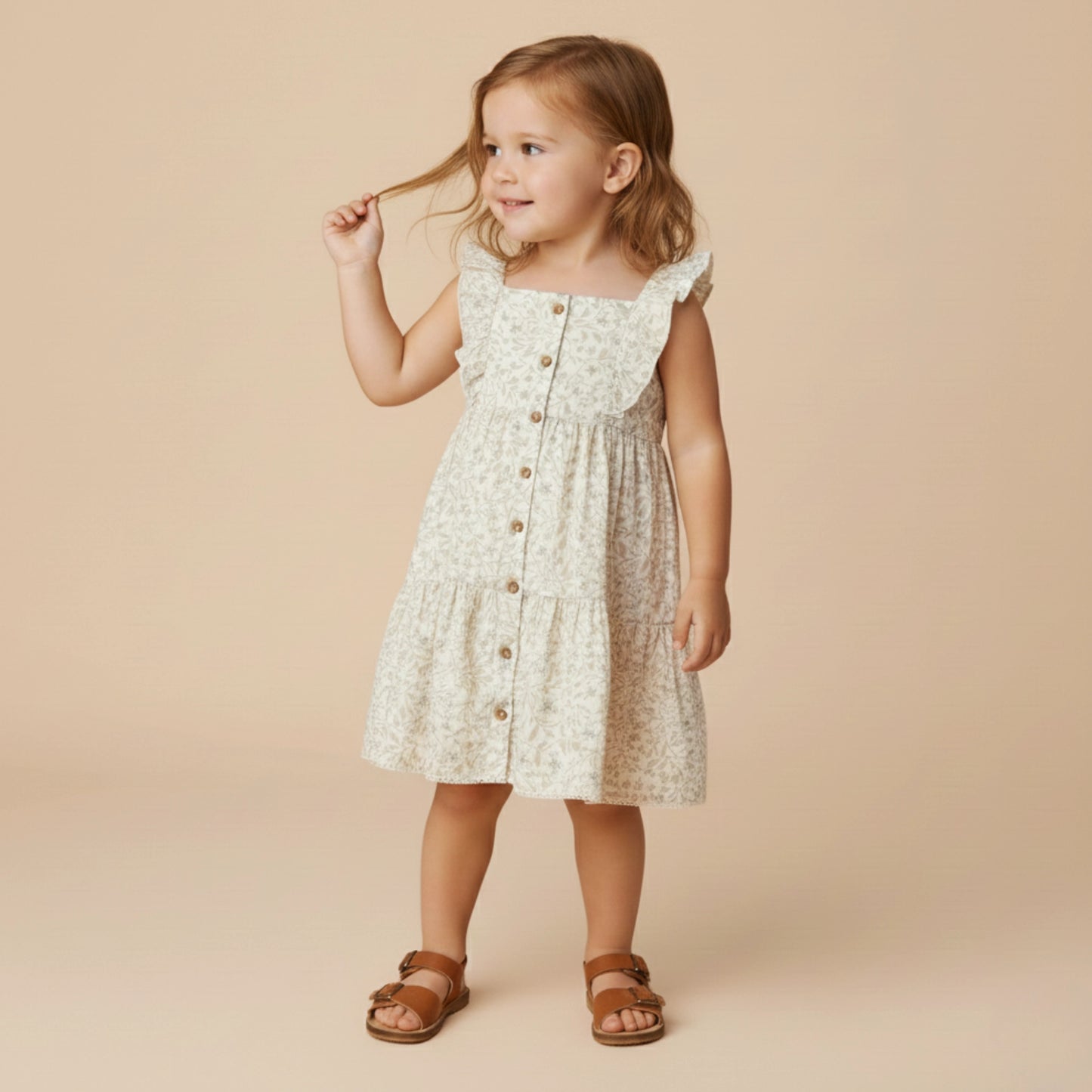 Makemake Organics Organic Flutter Buttoned Tiered Dress - Ivy Floral