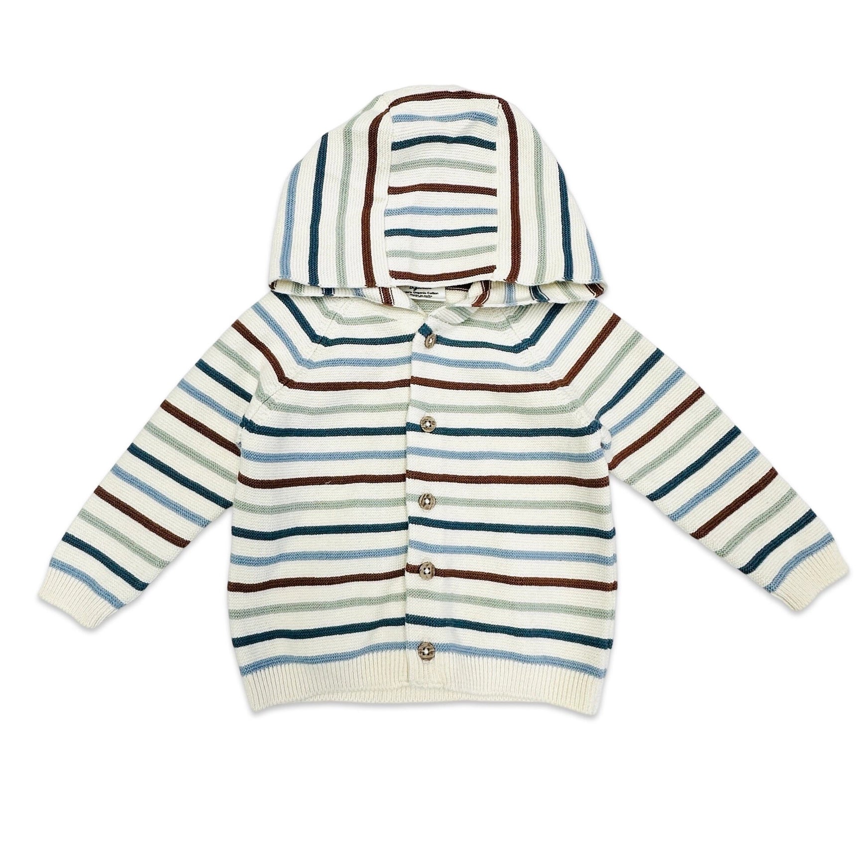 viverano, striped, hooded, sweater, cardigan, blues, brown,tans

