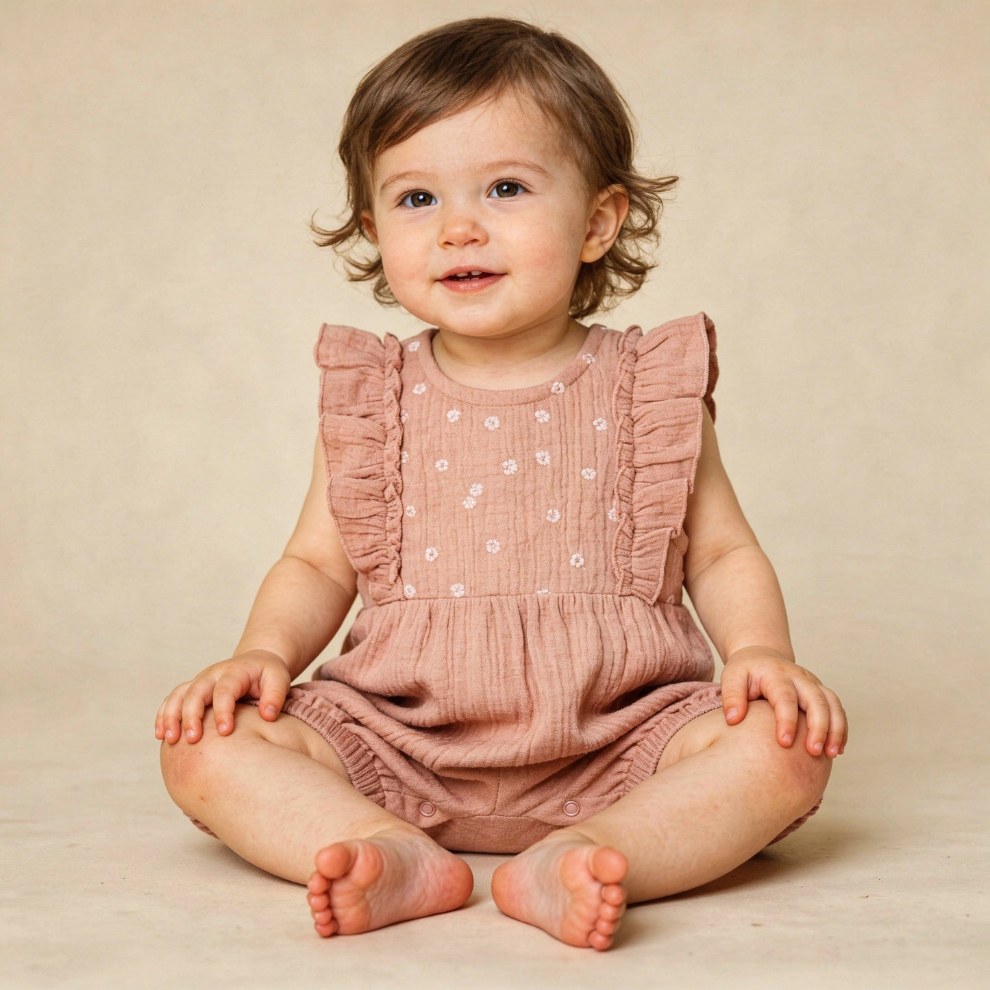 Makemake Organics Organic Embroidered Ruffle Romper - Clay