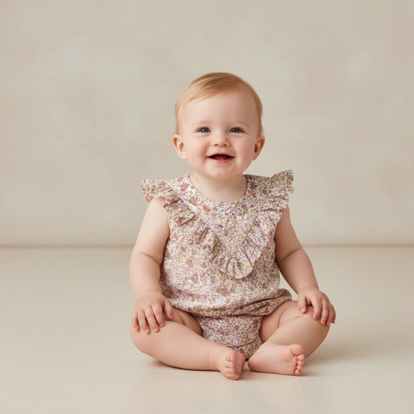 Makemake Organics Organic Sleeveless Ruffle Bubble Romper - Pastel Bloom
