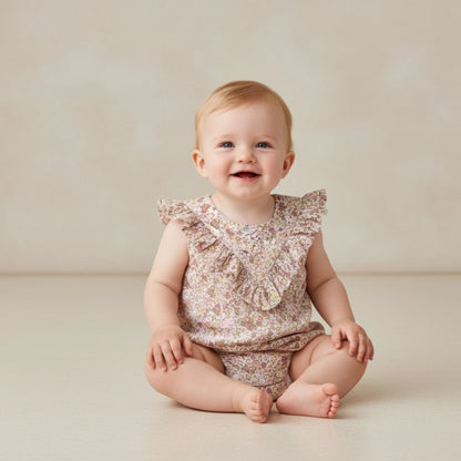 Makemake Organics Organic Sleeveless Ruffle Bubble Romper - Pastel Bloom