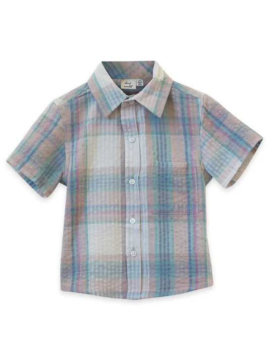 beet world blue seersucker collar shirt blue green plaid short sleeve