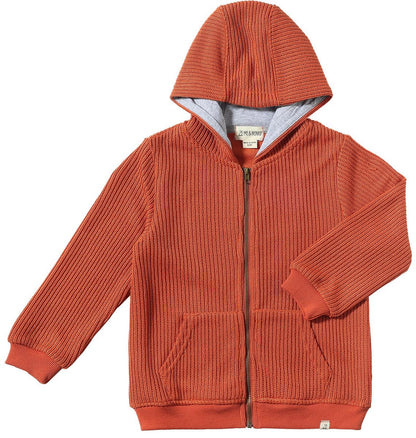 Me & Henry children's boy's hooded sweatshirt with knit lined zippered front. Fall colors, pumpkin, burnt orange, gray lining.