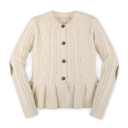 little girls ivory cable knit cardigan, ruffle bottom detail, suede elbows, dress sweater, winter, fall look 
