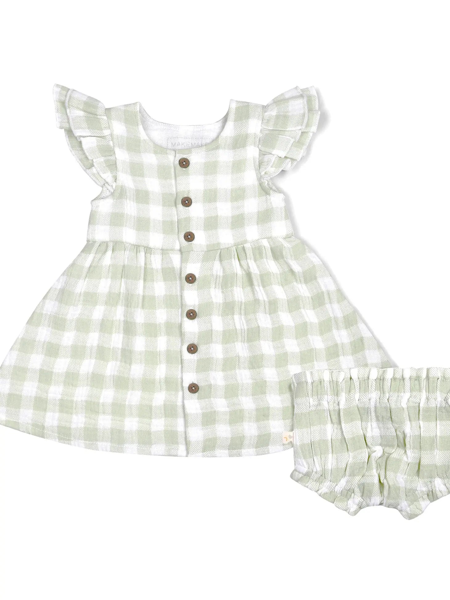 makemake green gingham flutter sleeve dress with button detail 