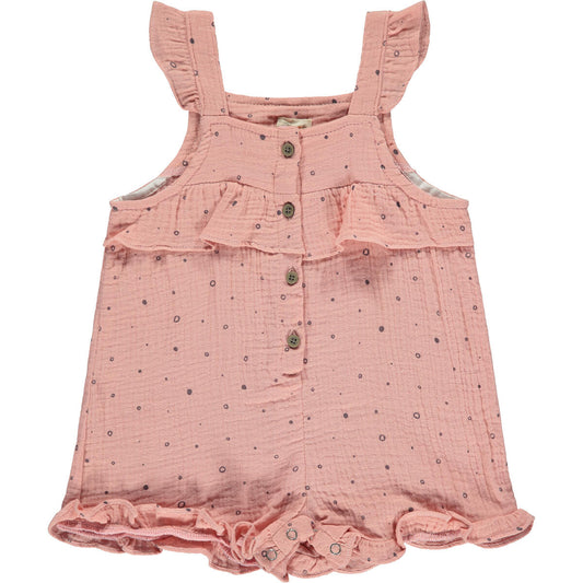 ettie and h freya pink romper, little girl, baby girl, shorts, ruffles, sleeveless