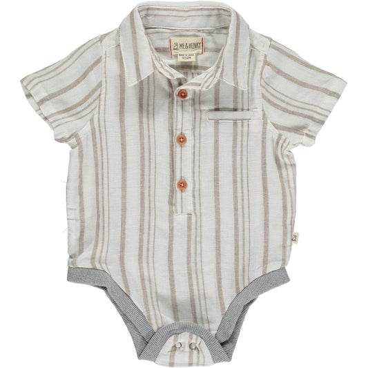 me and Henry helford cream and beige stripe collared onesie short sleeve
