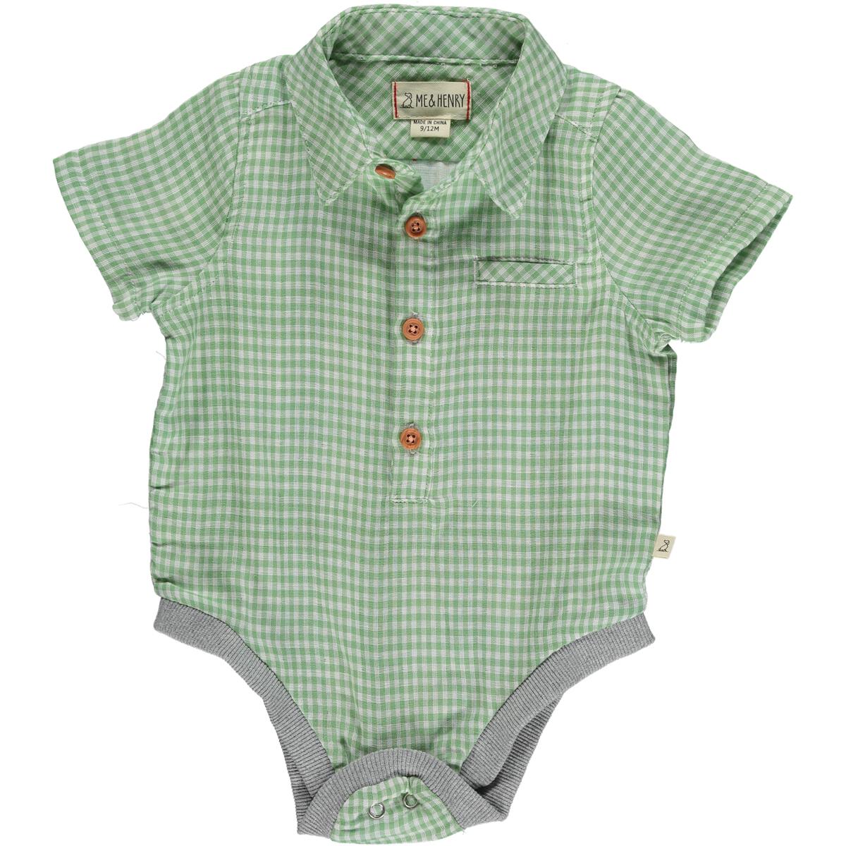 me and Henry green plaid collared woven onesie